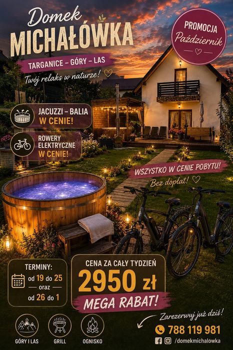 Domek do wynajęcia z jacuzzi i rowerami elektrycznymi