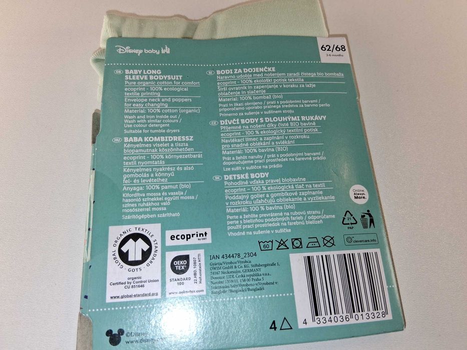 A034 Disney Baby Body Długi Rękaw Myszka Minnie Bawełna Org 62/68