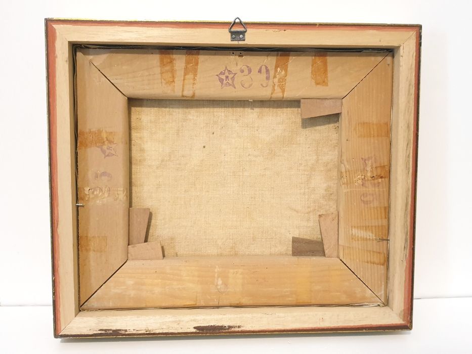 Pintura em óleo sobre tela - Paisagem montanhosa com ponte sobre rio