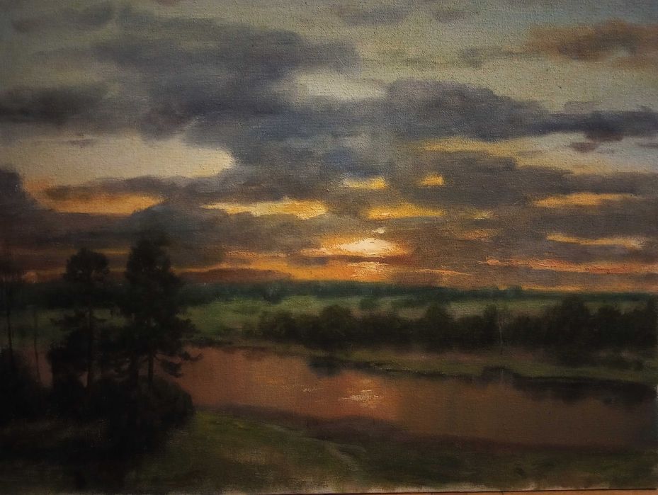 Obraz olejny; zachód słońca nad rzeką