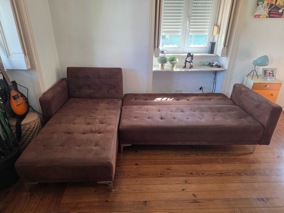 Sofá Cama com Chaise Longue Castanho (Modular/Para Restauro) – Negociável
