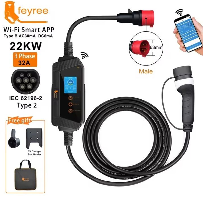 Зарядний пристрій Feyree 22 кВт 32А 3 фази wallbox Type 2 Wi-Fi APP IP66 CEE 32A 5м для електромобілів Tesla Nissan VW Hyundai Kia