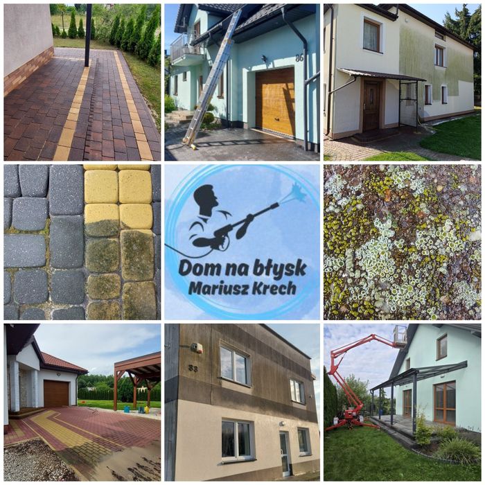 Mycie ciśnieniowe kostki, elewacji i dachów, ścinka drzew, krzewów.