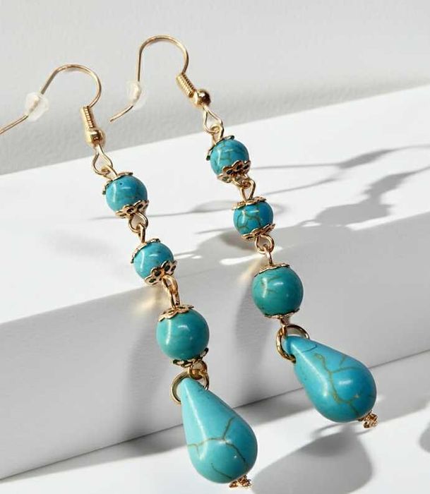 śliczne kolczyki stal chirurgiczna złote styl boho turkus