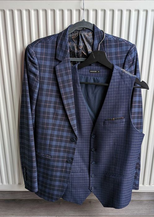 Zestaw garniturowy - marynarka + kamizelka + spodnie w kratę garnitur