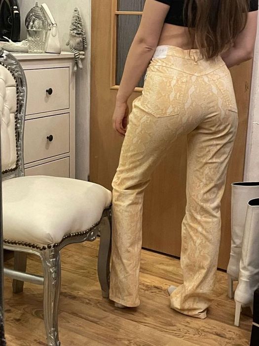 Spodnie dzwony wężowe żółte elastyczne wysoki stan vintage HIS s m