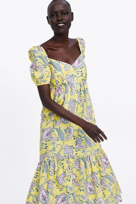 Шикарное платье zara, длинное, s m макси, катон вискоза, летнее жёлтое с узорами, рукава фонарики, для беременных, новое лёгкое воздушное сукня зара