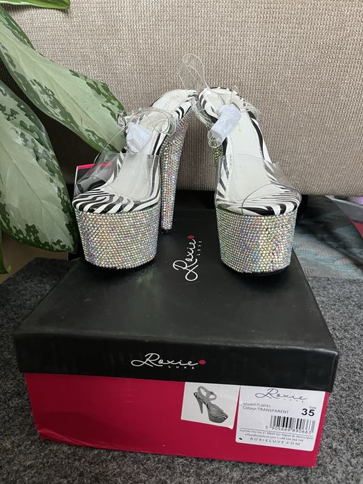 Szpilki Pole Dance r. 35 nowe zebra cyrkonie transparent jak please