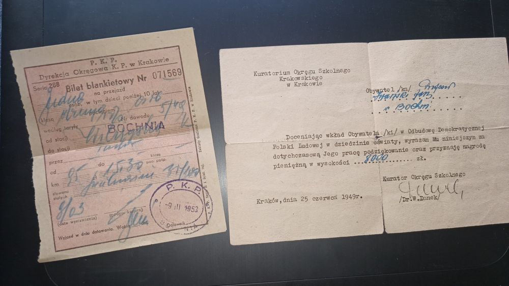 Blankiet biletowy PRL 1953, kuratorium okręgu szkolnego w Krakowie