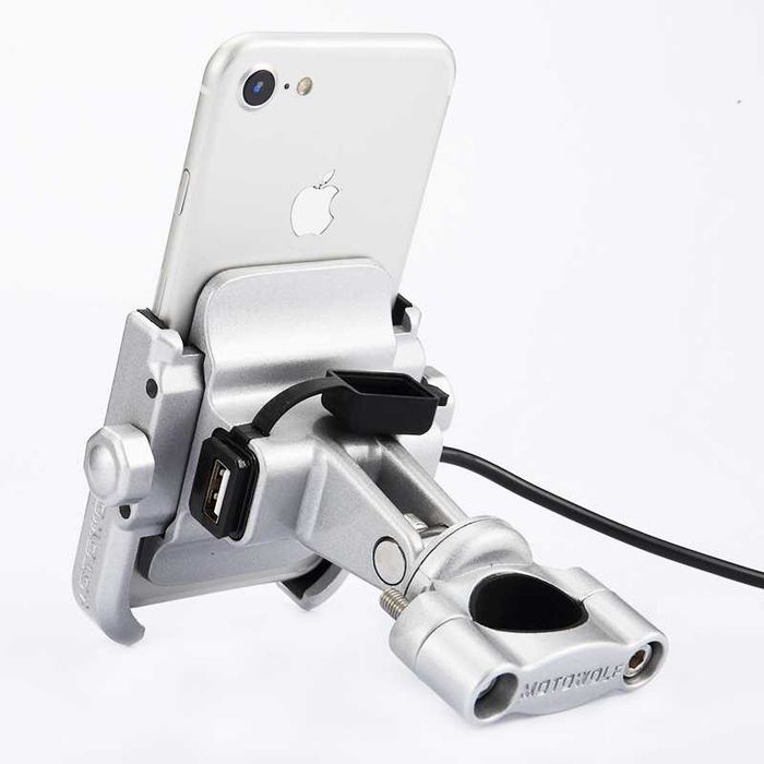 Держатель смартфона с USB зарядним алюминий чорний/сірий MOTOWOLF