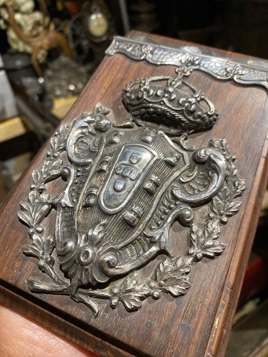 Grande Porta Notas Pau-santo Brazão Prata Portuguesa contrasta Javali