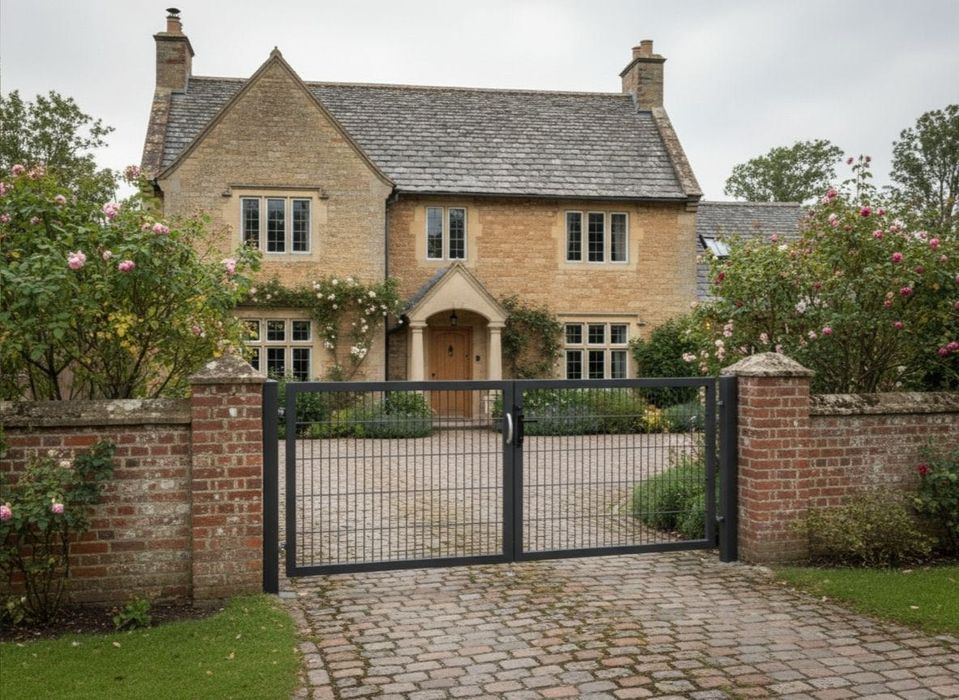 Brama skrzydłowa 2D panel ocynk malowana proszkowo słupy LOCINOX