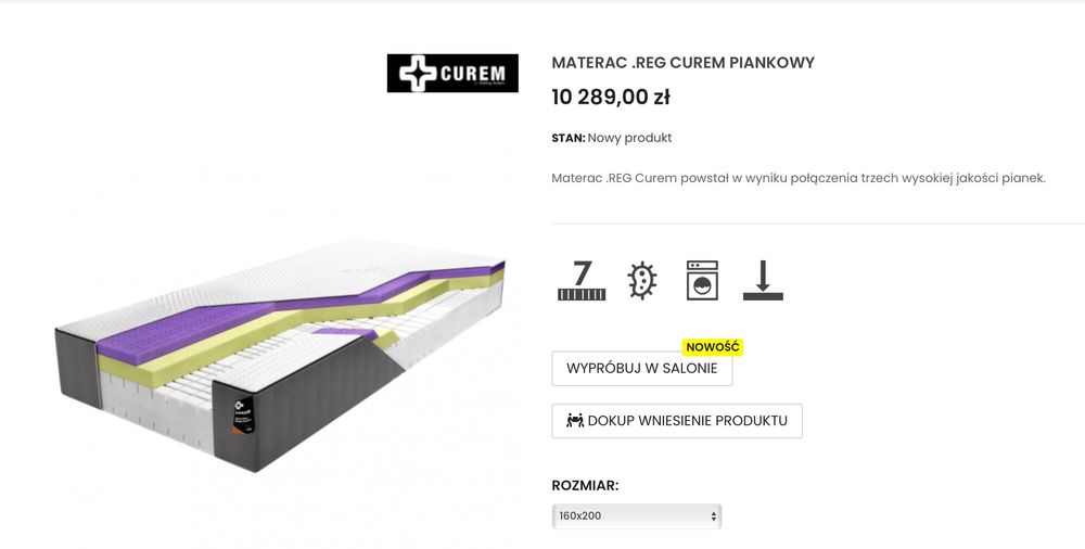 Materac CUREM .REG 160x200 Piankowy - Jak Nowy (Okazyjna cena)