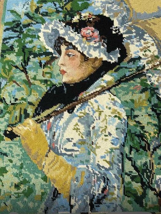 Tela bordada à mão. Reprodução da pintura de Édouard Manet-A Primavera