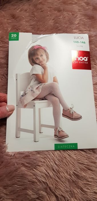 Knittex nowe białe rajstopy wzorek polski producent r.140-146