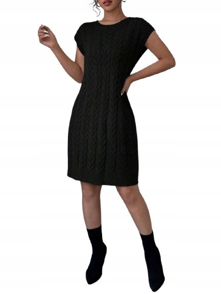 Shein czarna sukienka prosta z paskiem z plecionym wzorem 36 1ka