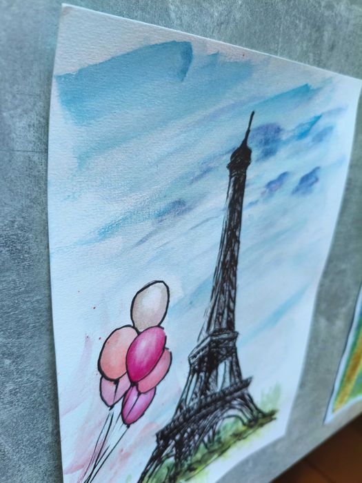 Paryż Francja wieża Eifela miasta akwarela obraz pejzaż miejski 21x30