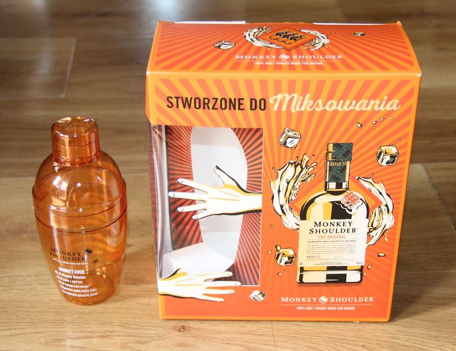 Pudełko i shaker whisky Monkey Shoulder