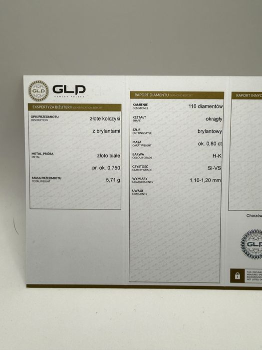 Złote kolczyki 750 z diamentami 0,80ct VS1-Si1/H-K