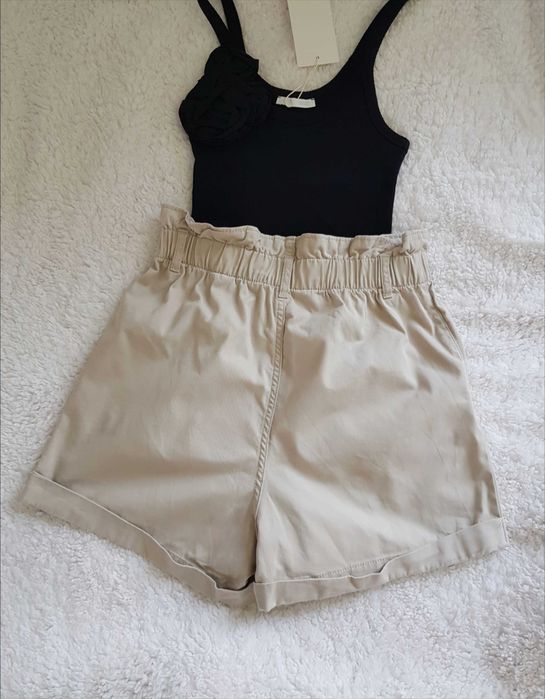 Beżowe spodenki szorty paperbag h&m wysoki stan