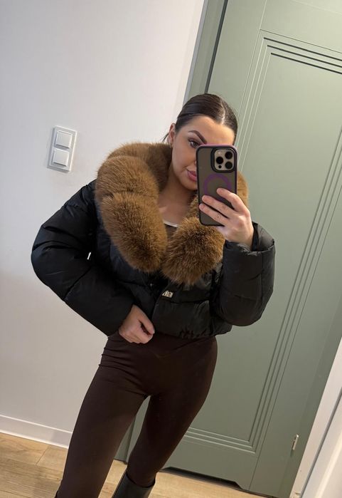 Czarna krótka kurtka z futerkiem kołnierz L XL