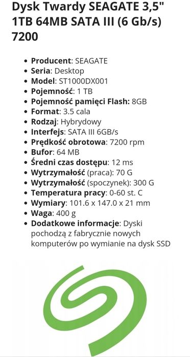 Dysk twardy SSHD(hybrydowy )SATA 1TB