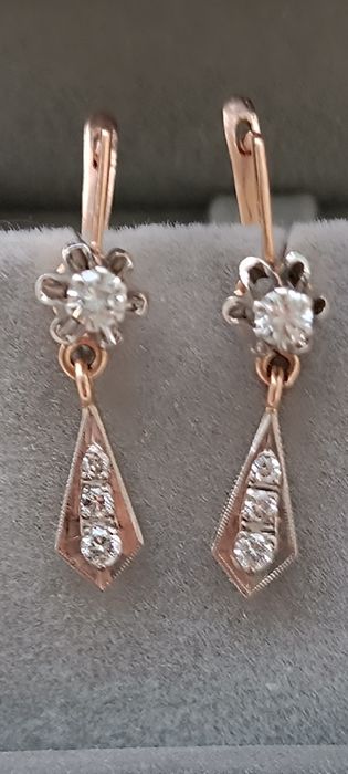 Серьги сережки с подвесками ссср  583 с бриллиантами 0,45ct 4,8г