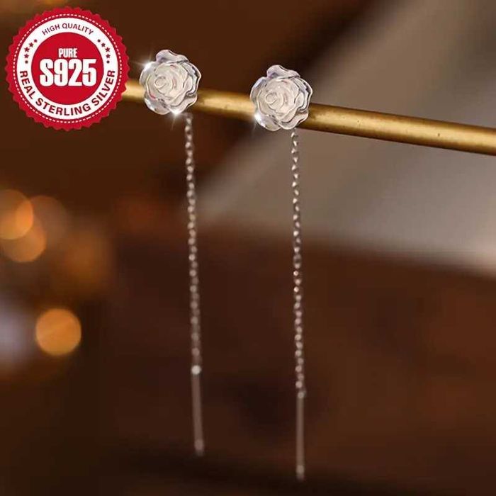 Женские серьги с кисточкой в виде белой розы из серебра S925