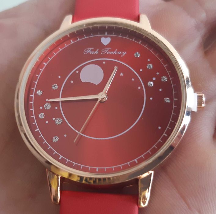 Conj. Coração Vermelho Relógio Pulso Novo Senhora + Fio Anel Brincos