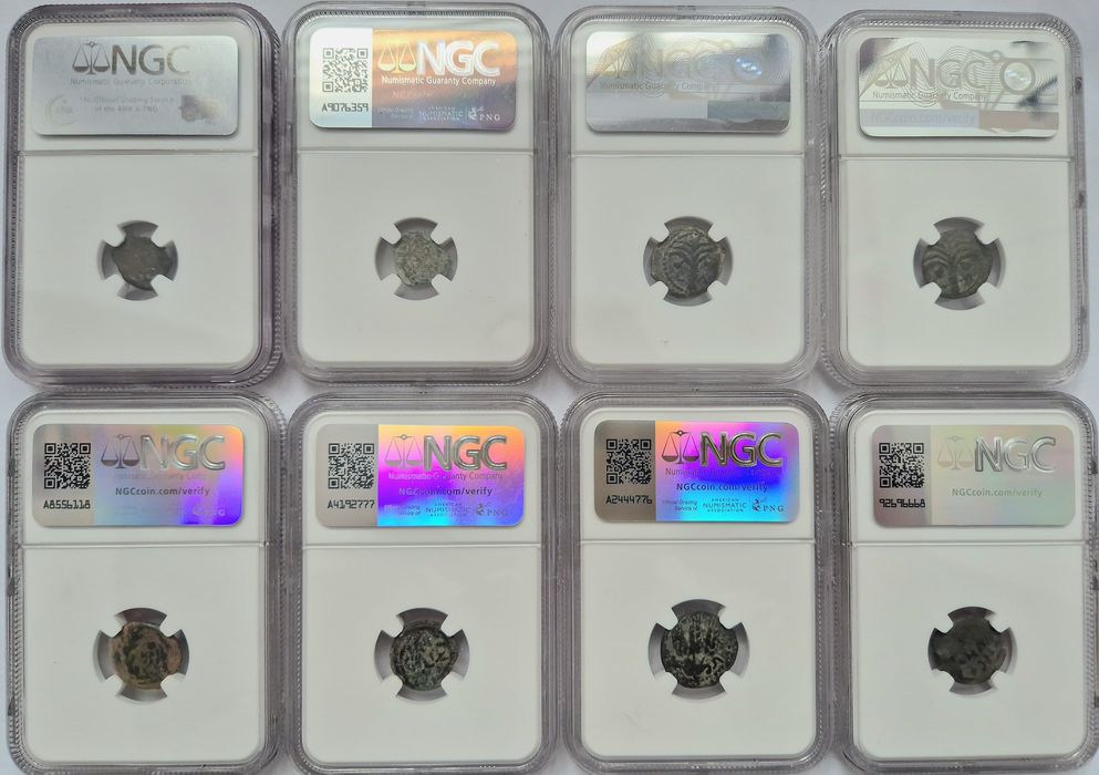 Kolekcja ośmiu monet biblijnych z Judei pierwszego wieku - grading NGC