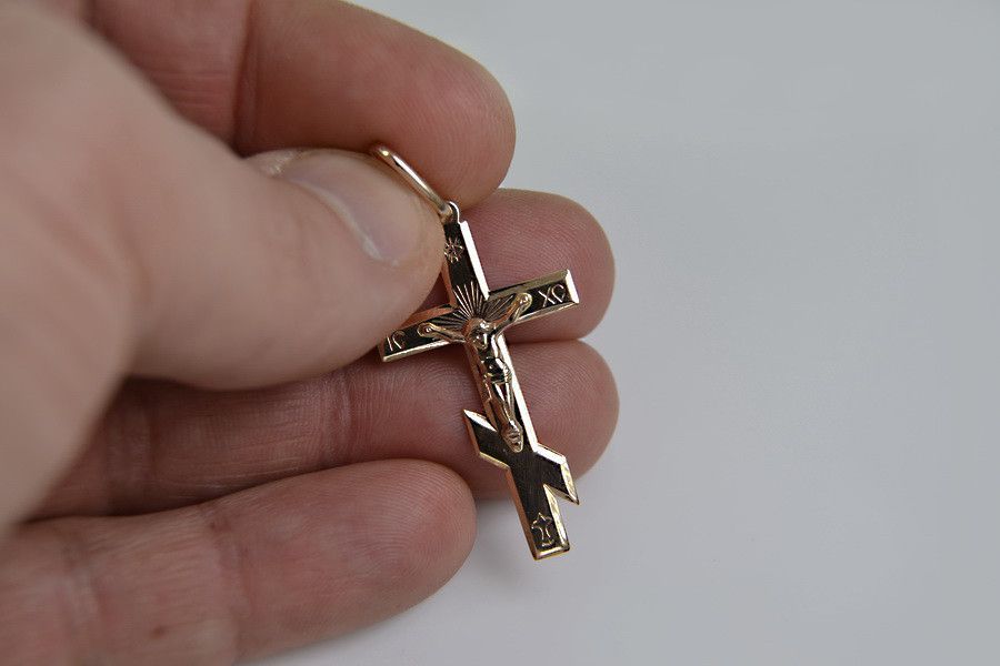 Złoty krzyż Prawosławny zawieszka krzyżyk czerwone złoto oc001r B