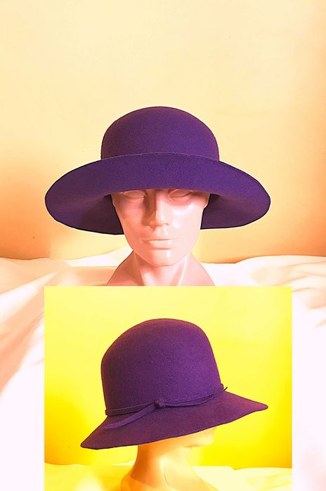 kapelusz vintage retro lata 70 XX w.  handmade filc wełna fioletowy śliwkowy 54 cm