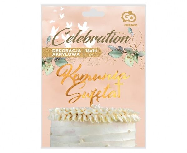 Dekoracja akrylowa, tort Komunia Święta, złota, 18x14cm, piker, topper
