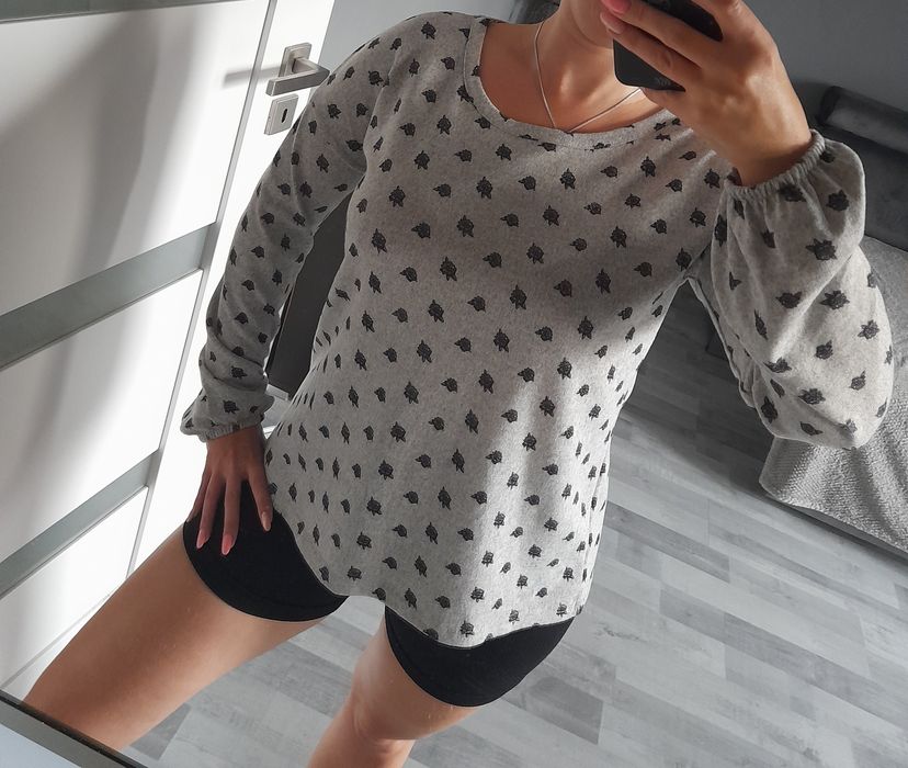 Bluzka w różyczki Róże szara bufki falbanki M L 38 40 nowa Plusz miś