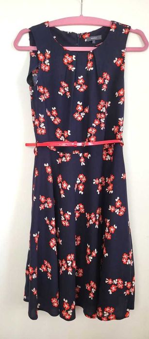 MONTEGO granatowa sukienka w kwiaty + czerwony pasek jak nowa 34/36