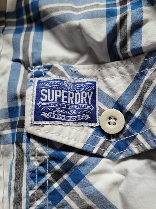 Biała koszula męska w kratkę Superdry M medium guziki kołnierzyk