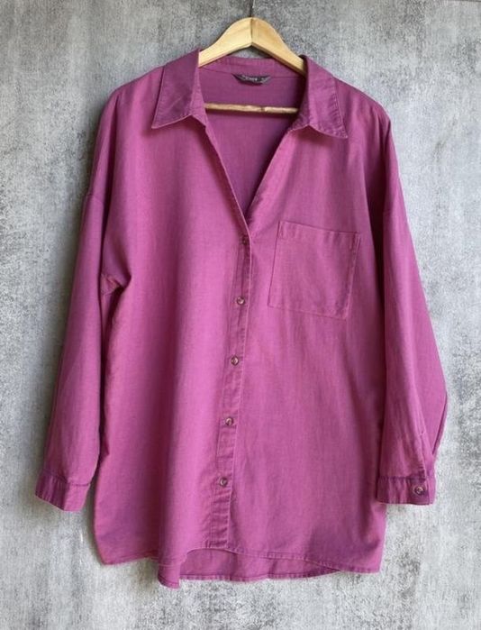 Рожева сорочка оверсайз базова сорочка з льоном для вагітних