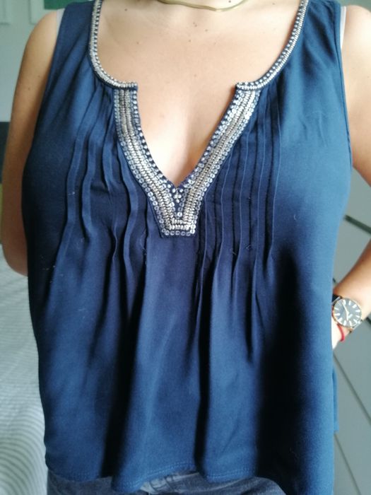 Granatowa bluzka, V neck, w serek, Hollister, M/38/10