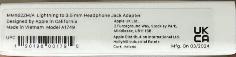 Apple adaptador Lightning para Jack 3.5mm- novo, 3 anos de garantia