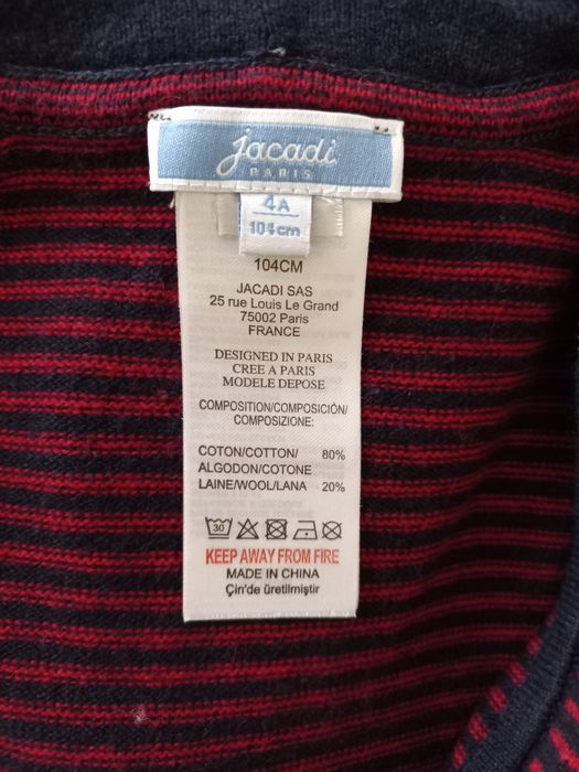 Casaco de malha, riscas azuis e vermelhas, capuz, 4 anos, Jacadi Paris
