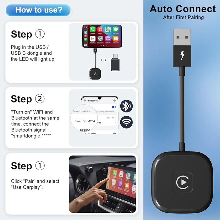 Bezprzewodowy adapter CarPlay do iPhone'a  Plug and Play