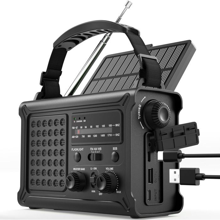 Радіо на сонячній енергії ROCAM 12000mAh з ручним генератором, AM/FM, LED ліхтарик, USB, SOS, IPX6, для кемпінгу та надзвичайних ситуацій (Чорний)