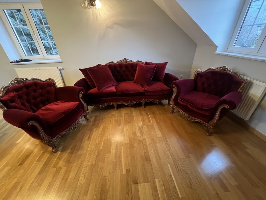 Czerwony zestaw kanapa 2 fotele styl ludwikowy, barokowy, zabytkowe