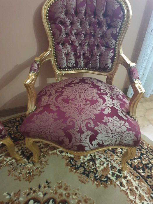 Cadeirão Cadeirões Bergeres Luís XV Folha Ouro Adamascado Bordô