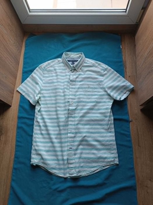 Koszula męska w paski miętowo kremowe 100% bawełna  M/L Tommy Hilfiger