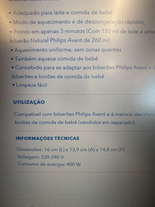 Aquecedor de biberões Philips Avent