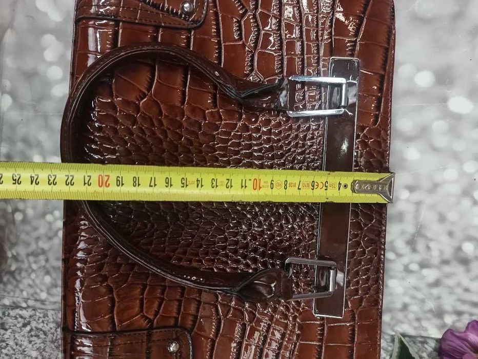 Elegancka torebka damska brązowa A4 lakierowana shopper