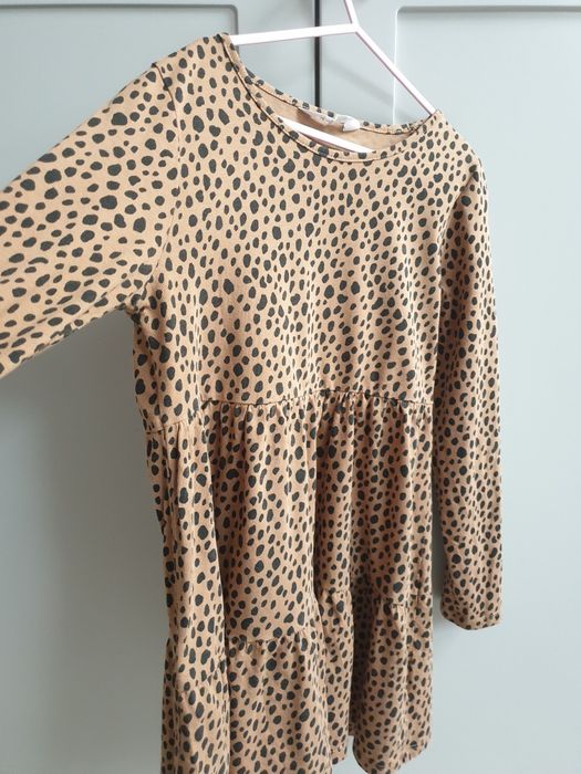 Brązowa beżowa sukienka w panterkę kropki H&M 134