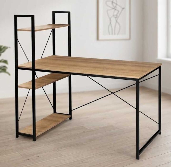 Biurko Komputerowe z Regałem Półkami Loft Płyta Laminowana Jasny Dąb 120cm