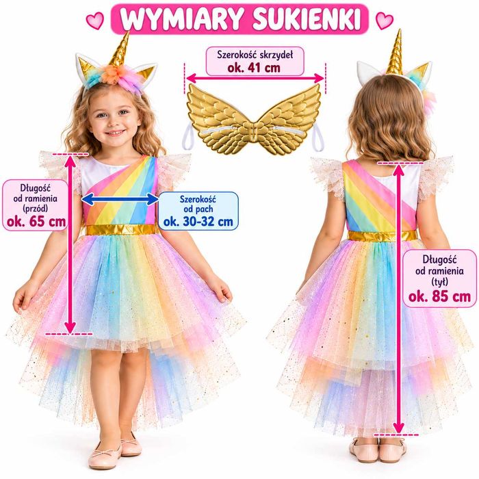 Bajkowy kostium jednorożca dla dziewczynki sukienka i dodatki